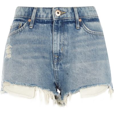 Light blue wash mid rise ripped hot pants